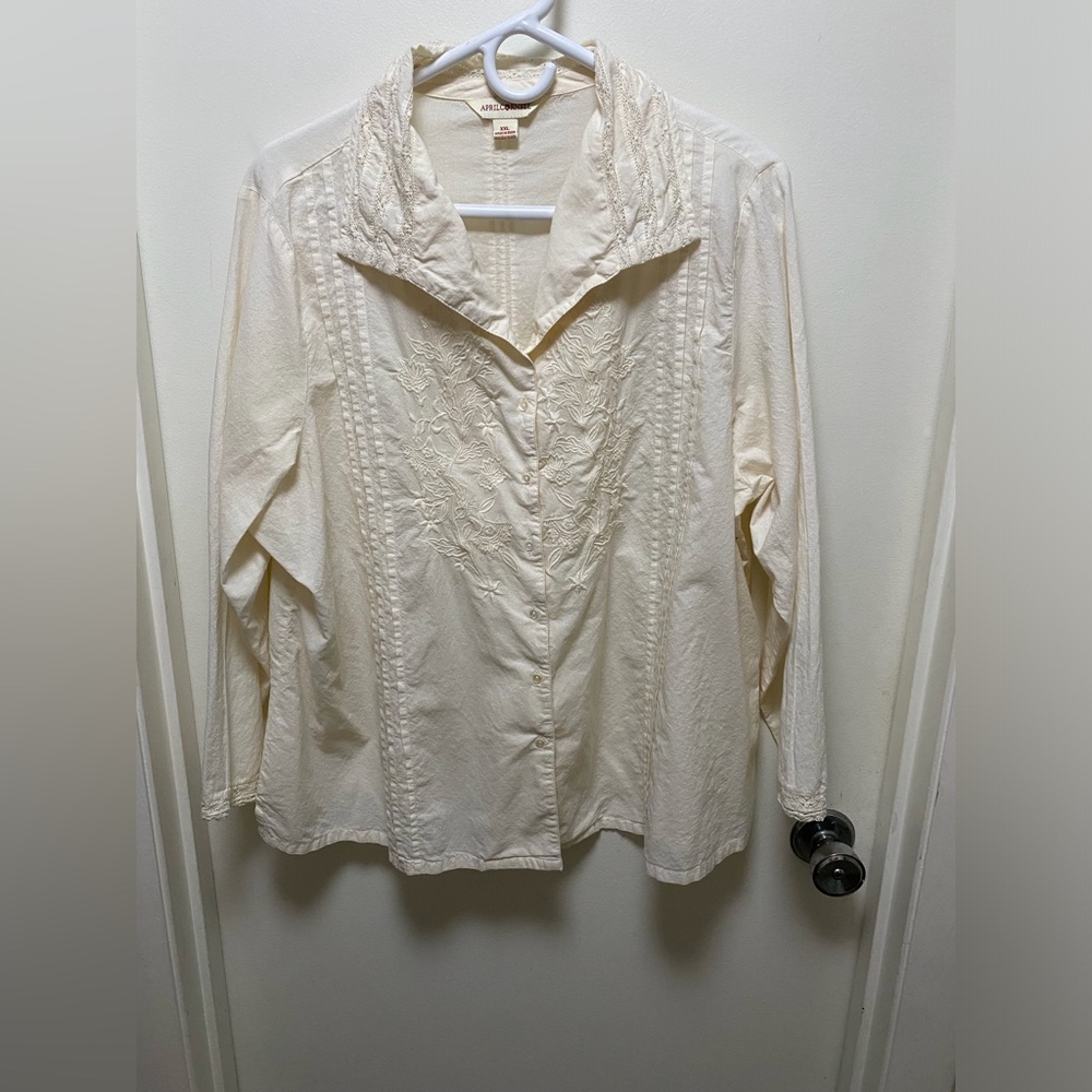 April Cornell Cream Embroidered Button-Down Blouse